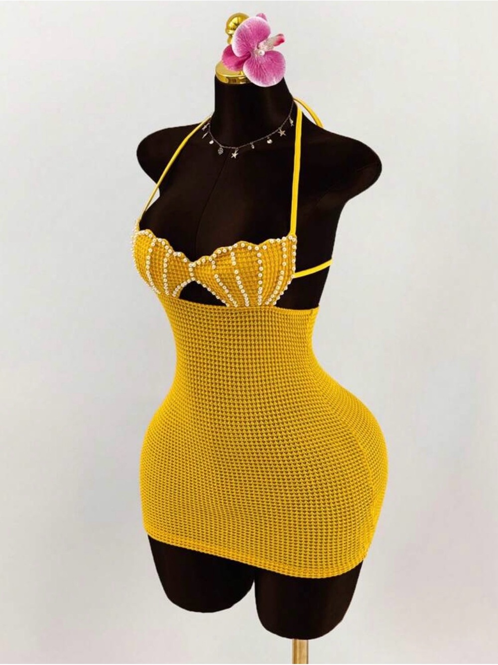 Yellow Tropical Crochet Mini Dress